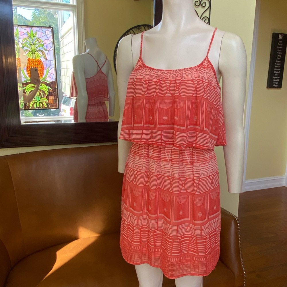Bebe 🧡 XS adjustable straps, racer back, sheer layered orange & white sundress